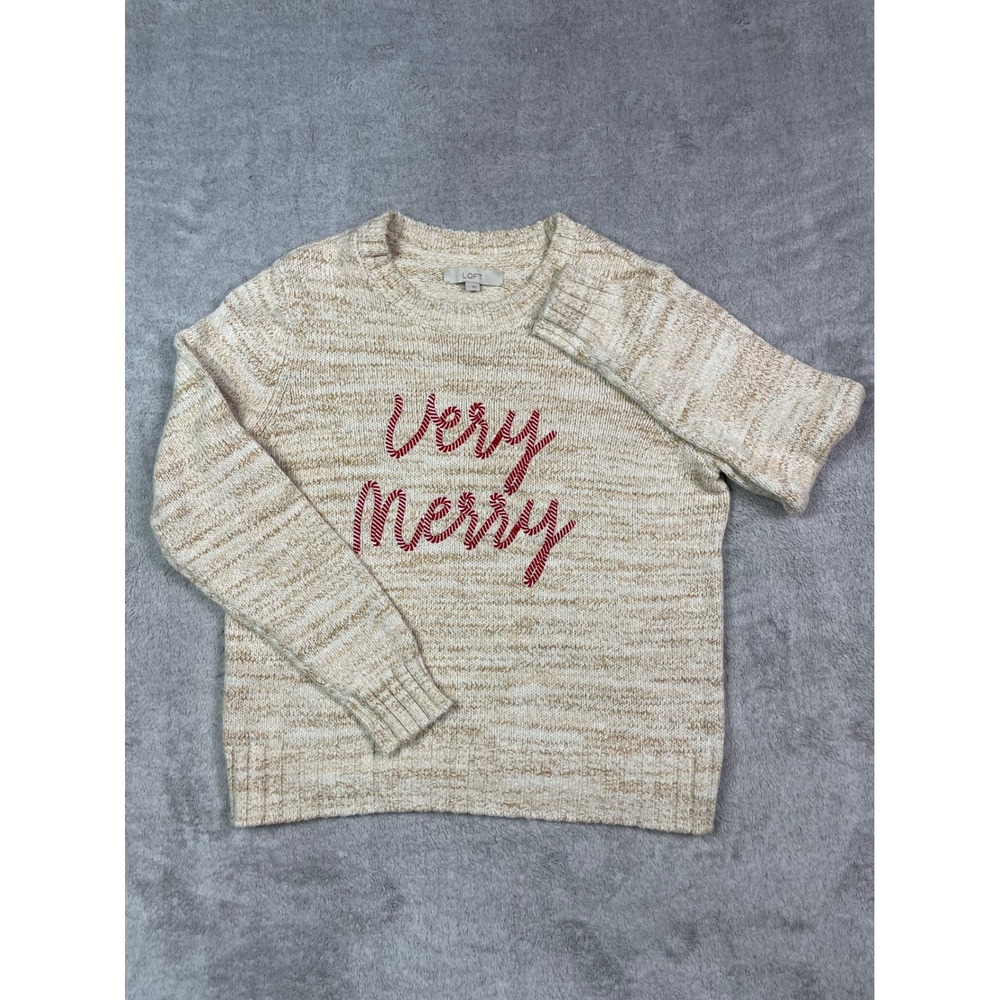 LOFT Sweater Womens Large L Beige Chunky Knit Very Merry Candy Cane Graphic Cozy